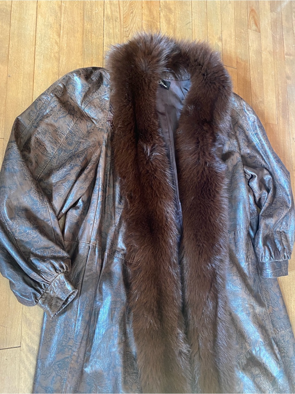 VTG Ottimo Leather Trench Coat Fox Fur Tuxedo Collar Exotic Snakeskin Inlay LG - Picture 2 of 11